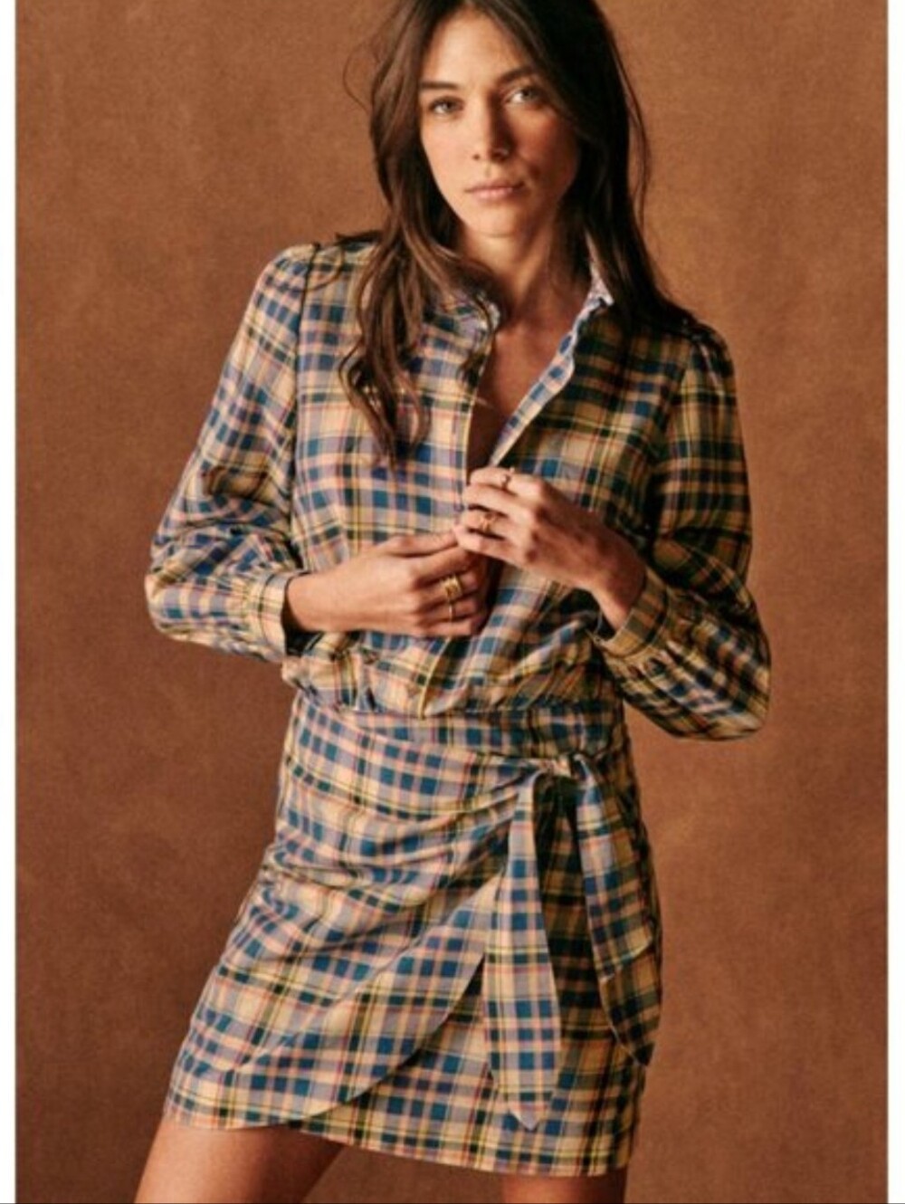 Sezane Capri Plaid Wrap Mini Shirtdress Tan Check